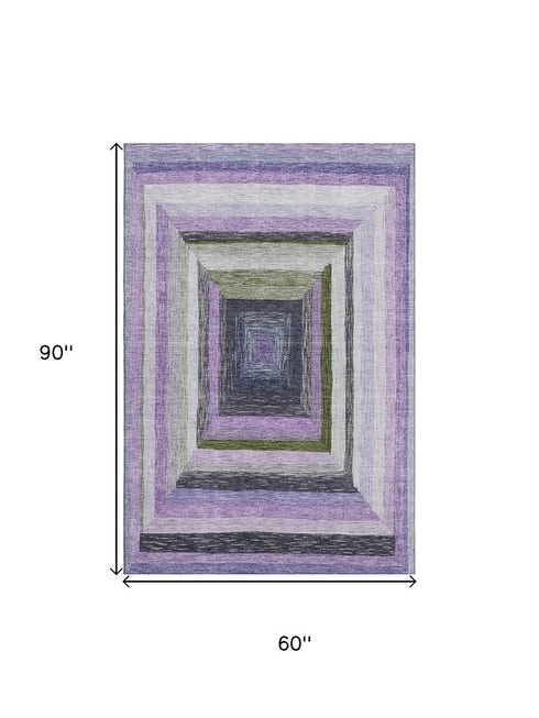 5' X 8' Lavender Ivory And Charcoal Geometric Washable Area Rug With UV Protection