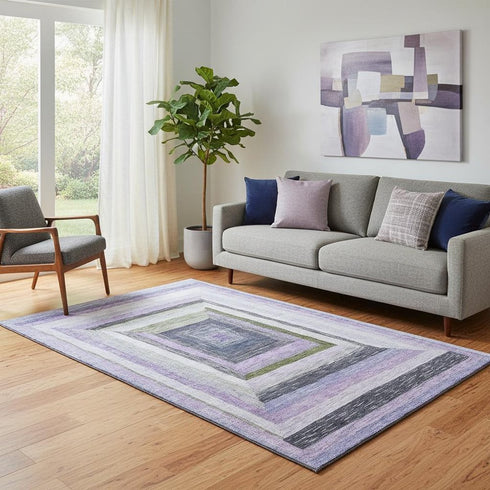 5' X 8' Lavender Ivory And Charcoal Geometric Washable Area Rug With UV Protection