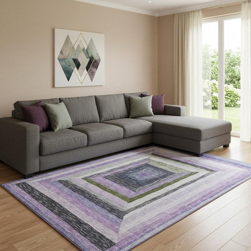 8' X 10' Lavender Ivory And Charcoal Geometric Washable Area Rug With UV Protection