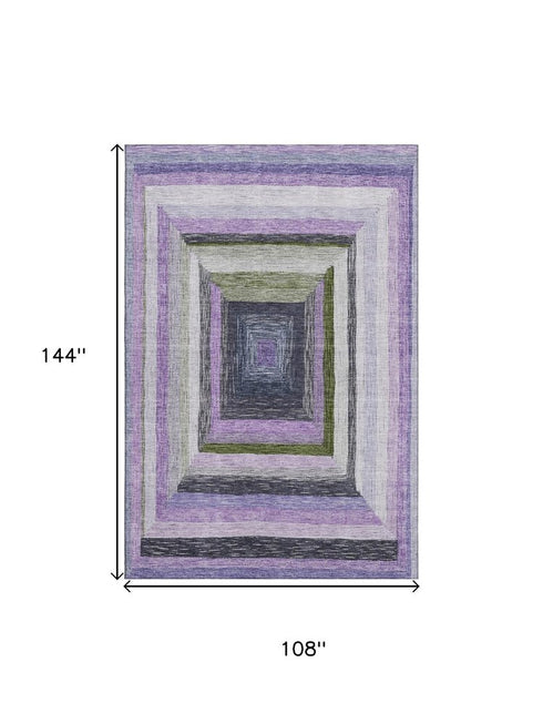 9' X 12' Lavender Ivory And Charcoal Geometric Washable Area Rug With UV Protection