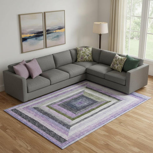 9' X 12' Lavender Ivory And Charcoal Geometric Washable Area Rug With UV Protection