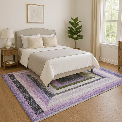 9' X 12' Lavender Ivory And Charcoal Geometric Washable Area Rug With UV Protection