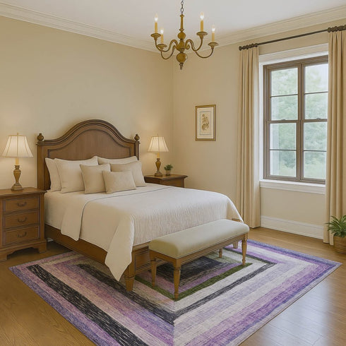 9' X 12' Lavender Ivory And Charcoal Geometric Washable Area Rug With UV Protection
