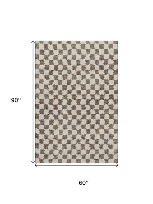 5' X 8' Brown And Ivory Geometric Washable Area Rug With UV Protection