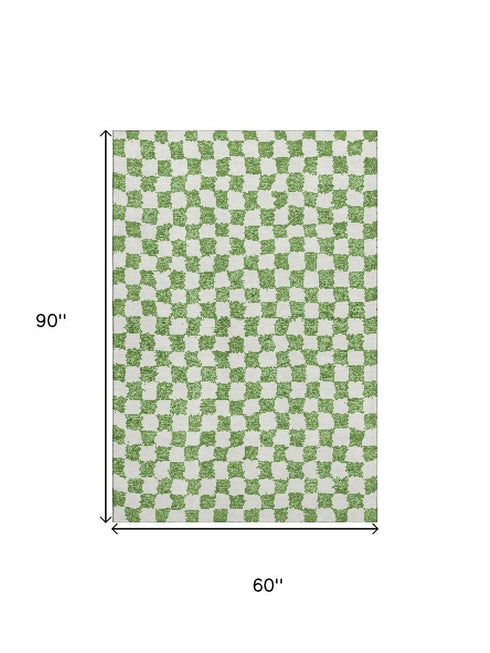 5' X 8' Green And Ivory Geometric Washable Area Rug With UV Protection