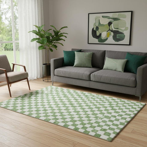 5' X 8' Green And Ivory Geometric Washable Area Rug With UV Protection