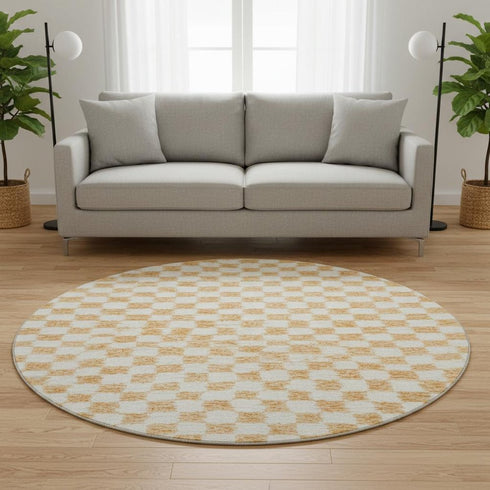 8' Orange And Ivory Geometric Washable Round Rug With UV Protection