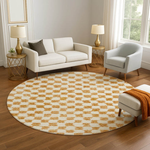 8' Orange And Ivory Geometric Washable Round Rug With UV Protection