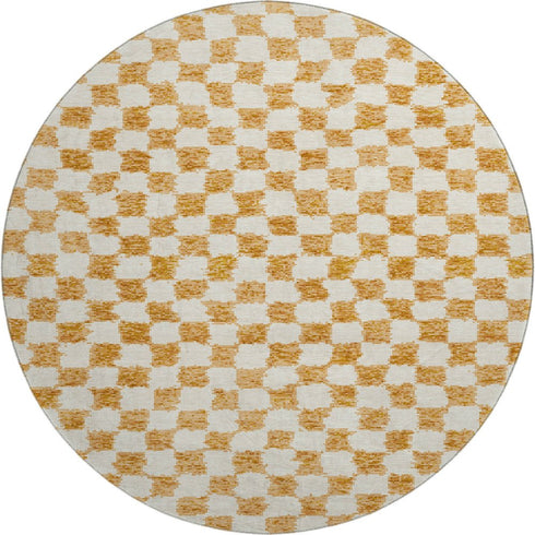 8' Orange And Ivory Geometric Washable Round Rug With UV Protection