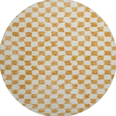 8' Orange And Ivory Geometric Washable Round Rug With UV Protection