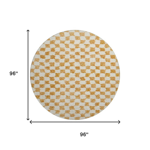 8' Orange And Ivory Geometric Washable Round Rug With UV Protection