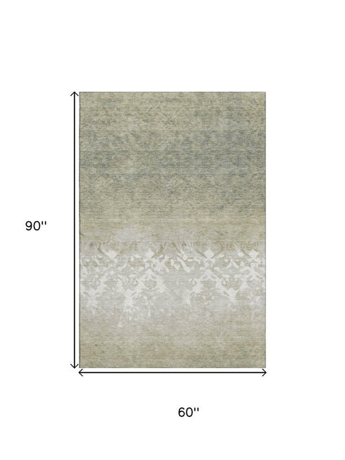 5' X 8' Beige Ivory And Taupe Damask Washable Area Rug With UV Protection