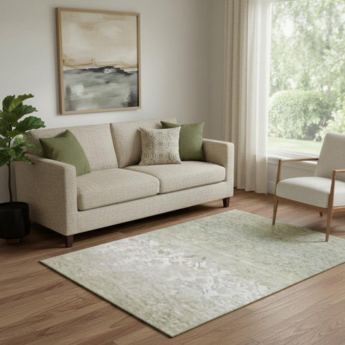 5' X 8' Beige Ivory And Taupe Damask Washable Area Rug With UV Protection