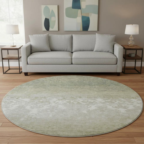 8' Beige Ivory And Taupe Damask Washable Round Rug With UV Protection
