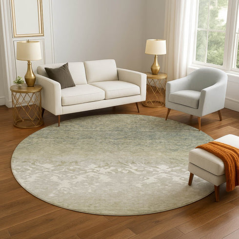 8' Beige Ivory And Taupe Damask Washable Round Rug With UV Protection