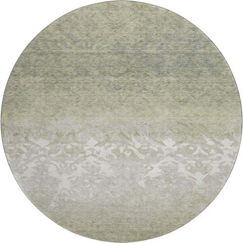 8' Beige Ivory And Taupe Damask Washable Round Rug With UV Protection