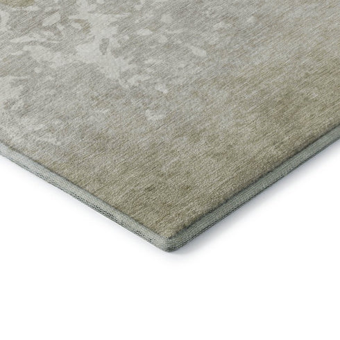 8' Beige Ivory And Taupe Damask Washable Round Rug With UV Protection