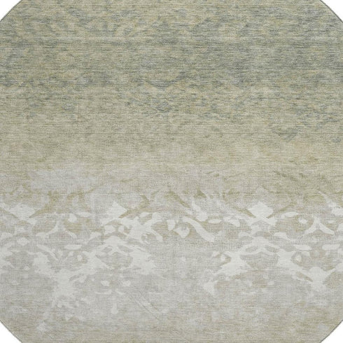 8' Beige Ivory And Taupe Damask Washable Round Rug With UV Protection