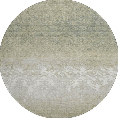8' Beige Ivory And Taupe Damask Washable Round Rug With UV Protection