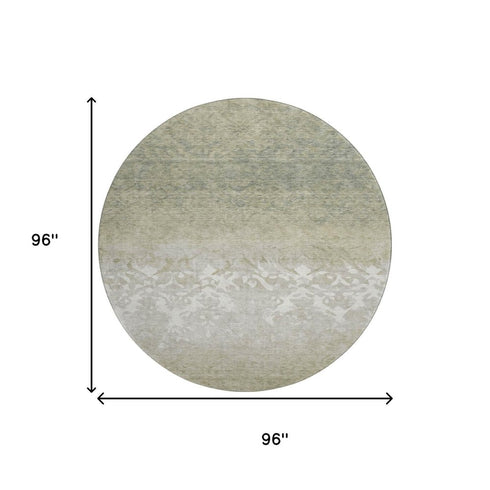8' Beige Ivory And Taupe Damask Washable Round Rug With UV Protection