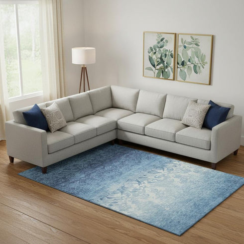 9' X 12' Denim Blue And Ivory Damask Washable Area Rug With UV Protection