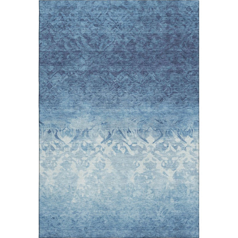 9' X 12' Denim Blue And Ivory Damask Washable Area Rug With UV Protection