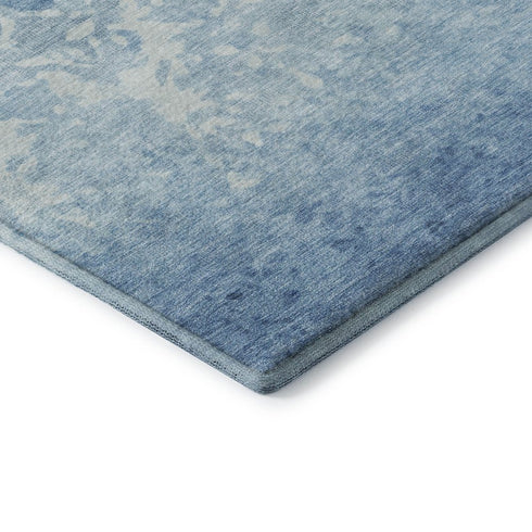 9' X 12' Denim Blue And Ivory Damask Washable Area Rug With UV Protection