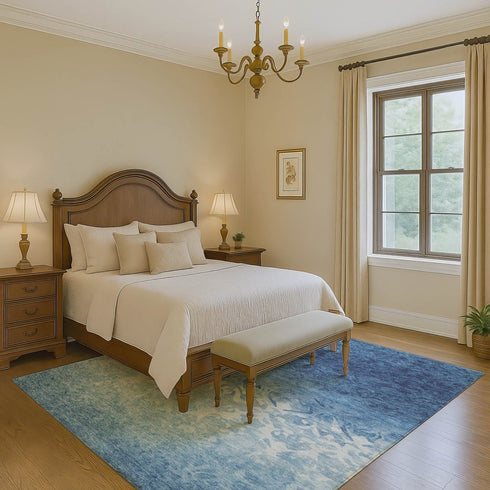 9' X 12' Denim Blue And Ivory Damask Washable Area Rug With UV Protection