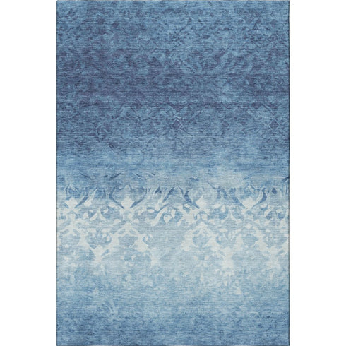 9' X 12' Denim Blue And Ivory Damask Washable Area Rug With UV Protection