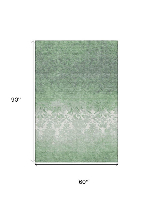 5' X 8' Green And Ivory Damask Washable Area Rug With UV Protection
