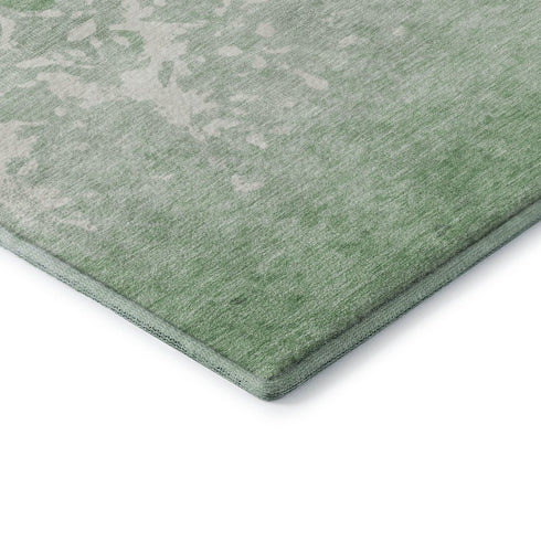 5' X 8' Green And Ivory Damask Washable Area Rug With UV Protection