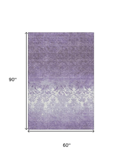 5' X 8' Purple And Ivory Damask Washable Area Rug With UV Protection