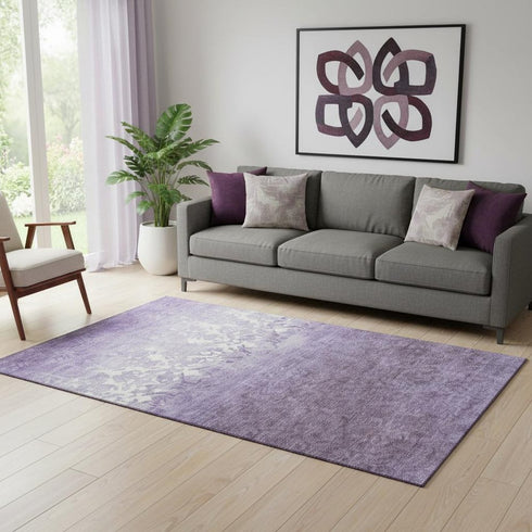5' X 8' Purple And Ivory Damask Washable Area Rug With UV Protection