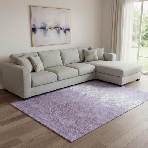 8' X 10' Purple And Ivory Damask Washable Area Rug With UV Protection