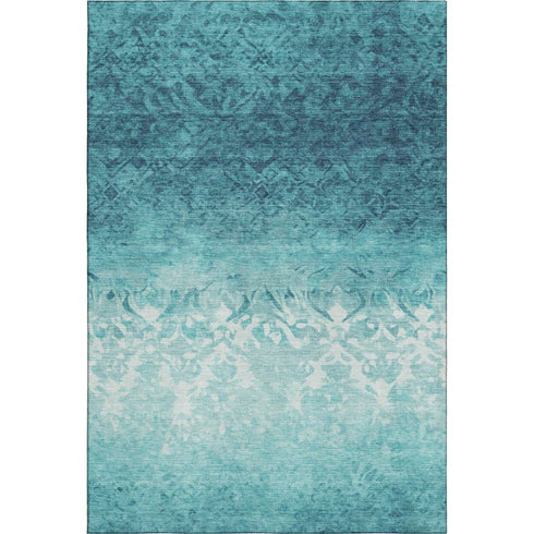 5' X 8' Teal And Ivory Damask Washable Area Rug With UV Protection