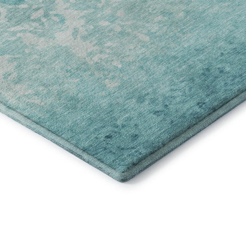 5' X 8' Teal And Ivory Damask Washable Area Rug With UV Protection
