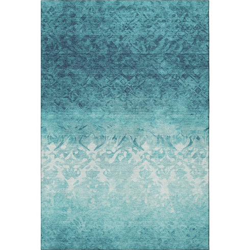 5' X 8' Teal And Ivory Damask Washable Area Rug With UV Protection