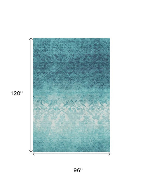 8' X 10' Teal And Ivory Damask Washable Area Rug With UV Protection