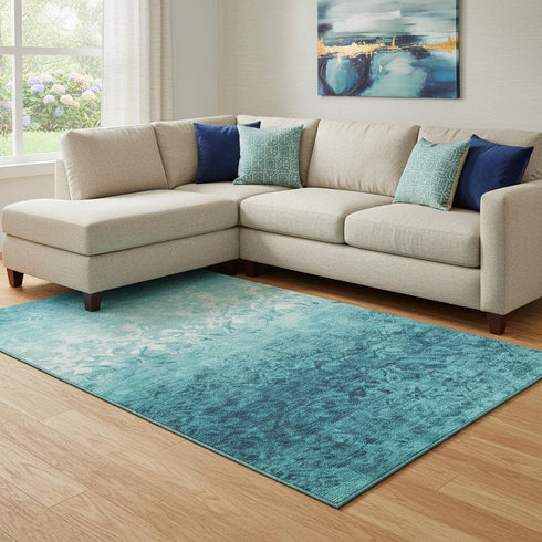 8' X 10' Teal And Ivory Damask Washable Area Rug With UV Protection