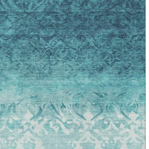 8' X 10' Teal And Ivory Damask Washable Area Rug With UV Protection