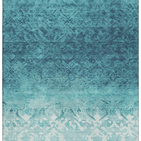 8' X 10' Teal And Ivory Damask Washable Area Rug With UV Protection