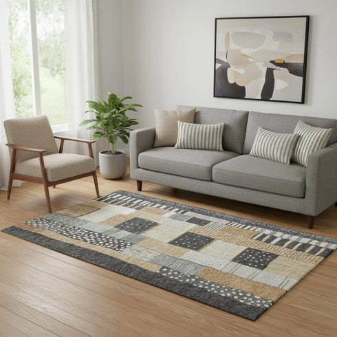 5' X 8' Black Gold And Ivory Geometric Washable Area Rug With UV Protection