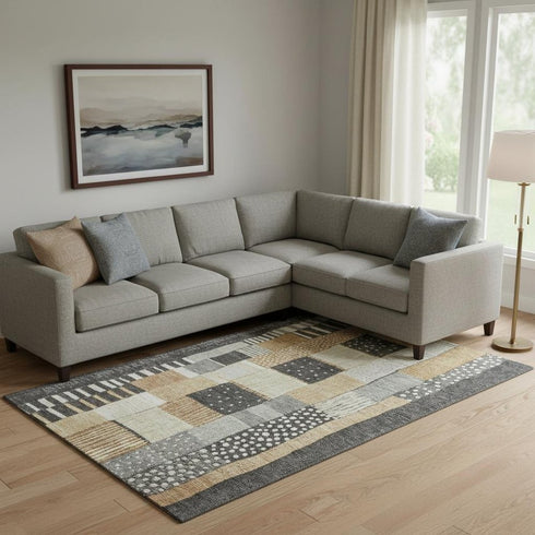 9' X 12' Black Gold And Ivory Geometric Washable Area Rug With UV Protection
