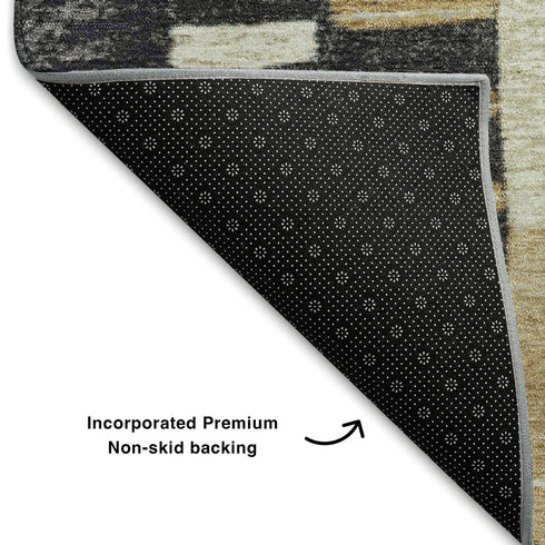 9' X 12' Black Gold And Ivory Geometric Washable Area Rug With UV Protection