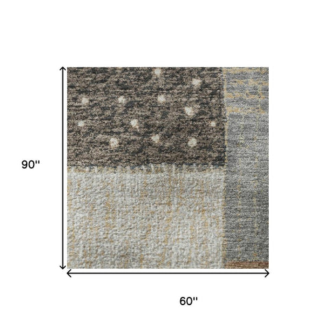 5' X 8' Brown Ivory And Gray Geometric Washable Area Rug With UV Protection