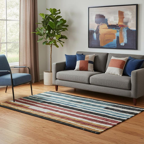 5' X 8' Black Blue And Copper Striped Washable Area Rug With UV Protection