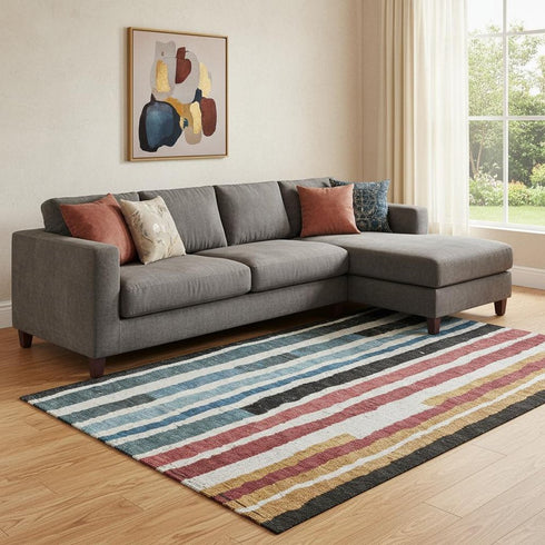 8' X 10' Black Blue And Copper Striped Washable Area Rug With UV Protection