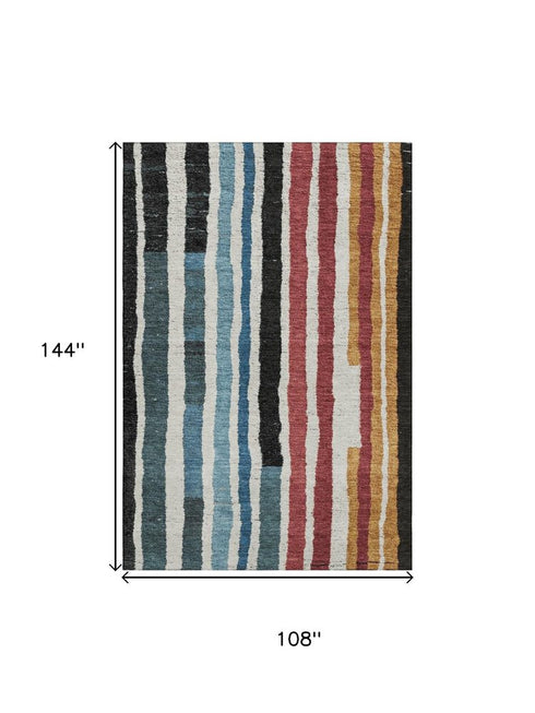 9' X 12' Black Blue And Copper Striped Washable Area Rug With UV Protection