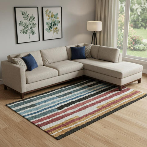 9' X 12' Black Blue And Copper Striped Washable Area Rug With UV Protection