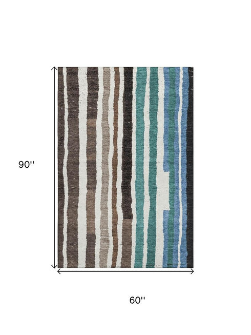 5' X 8' Brown Teal And Ivory Striped Washable Area Rug With UV Protection